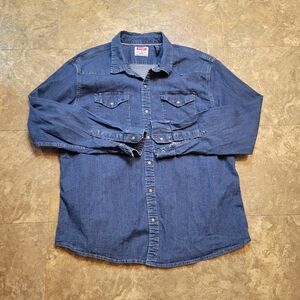 Wrangler Snap Denim Shirt Mens 2XL Blue Long Sleeve Stretch Workwear Western